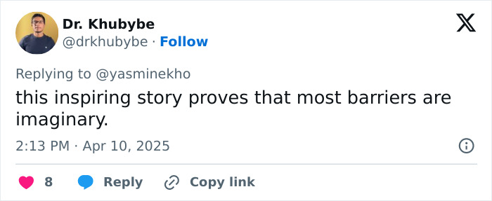 A social media post regarding an extreme swimmer, reading: this inspiring story proves that most barriers are imaginary. A social media post regarding an extreme swimmer, reading: this inspiring story proves that most barriers are imaginary.
