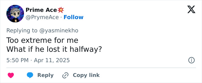 A social media comment discussing an extreme swimmer, stating: Too extreme for me. What if he lost it halfway? A social media comment discussing an extreme swimmer, stating: Too extreme for me. What if he lost it halfway?
