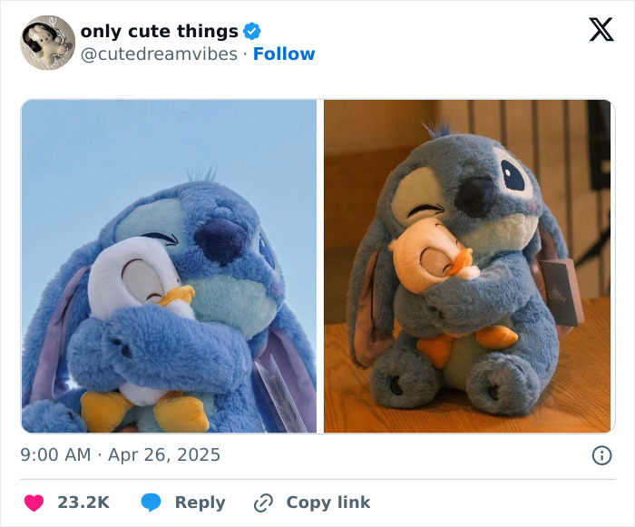 Plush Stitch doll hugging Donald Duck toy showing adorable moment