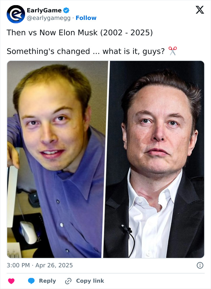 Side by side comparison showing Elon Musk's appearance over time in a discussion on viral transformations. Side by side comparison showing Elon Musk's appearance over time in a discussion on viral transformations.