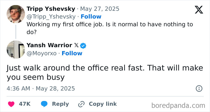 A funny work tweet about pretending to be busy during a first office job.