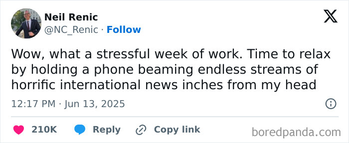 A relatable work tweet about relaxing after a stressful week of work.