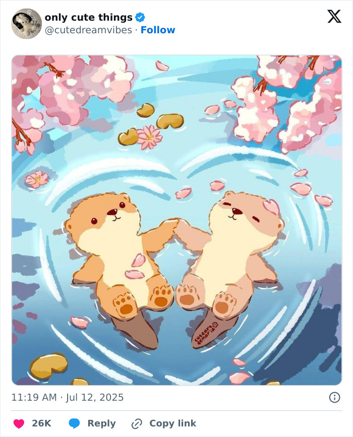 Illustration of two otters holding hands floating in water with cherry blossoms
