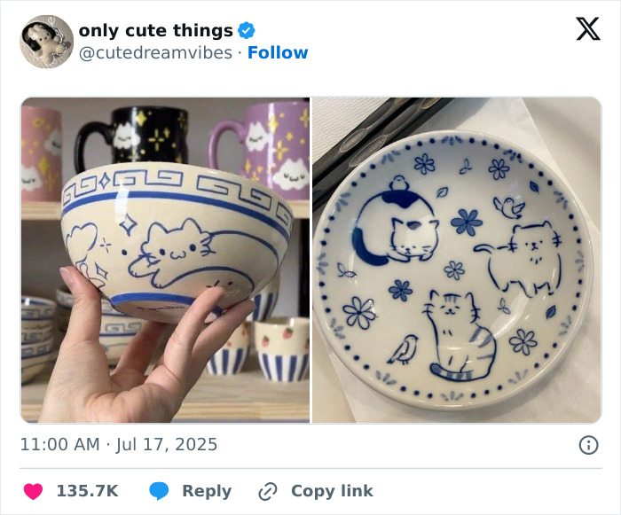 Ceramic bowl and plate featuring cute cat illustrations in blue