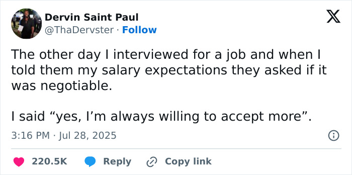 Humorous work tweets discussing salary expectations during a job interview.