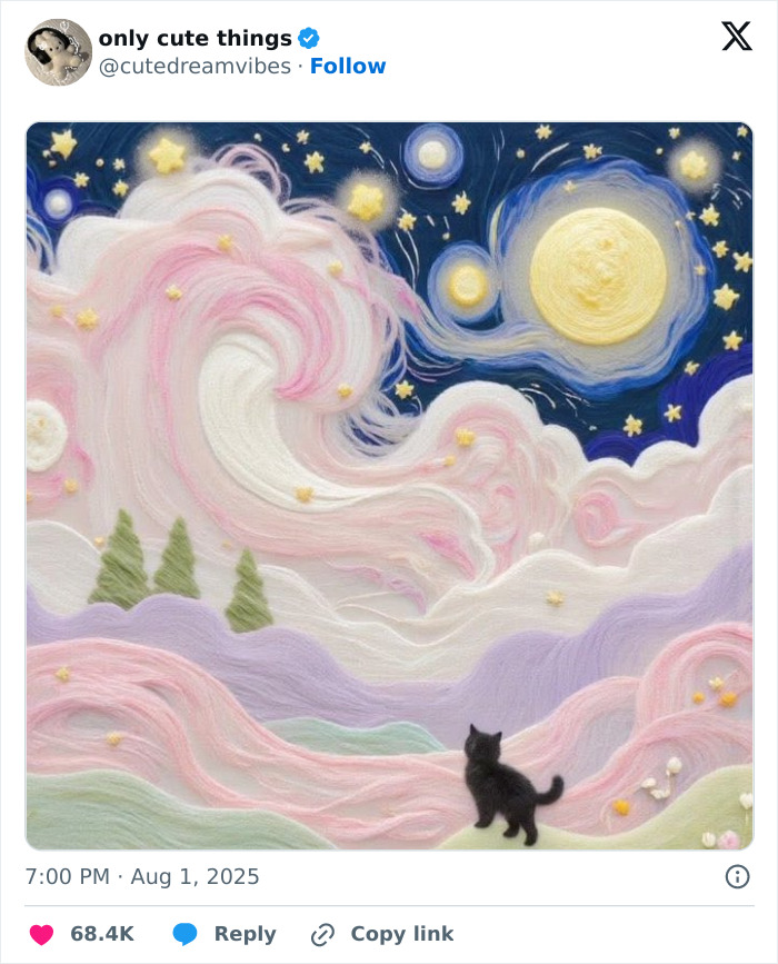 Whimsical wool art of a black cat under a colorful starry night sky