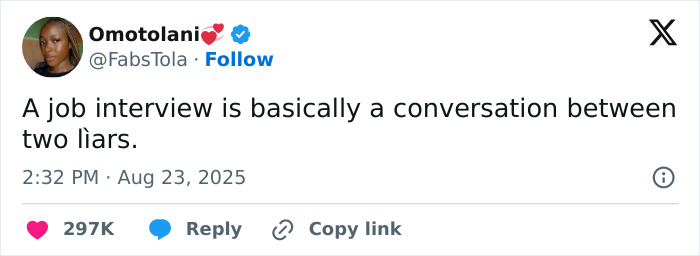 Funny post about job interviews from relatable work tweets.