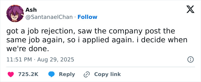 Relatable work tweets about reapplying to a job after receiving a rejection.