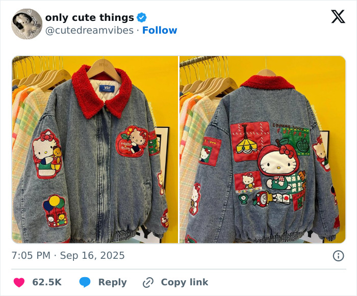 Denim jacket with colorful Hello Kitty patches on yellow background adorable posts