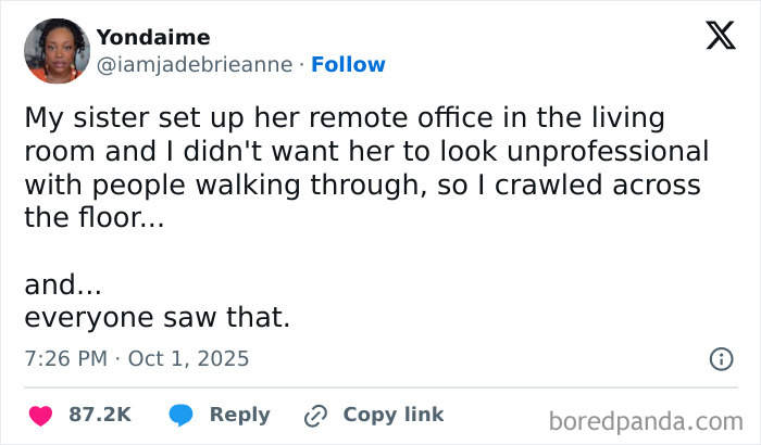 An entertaining work tweet describing a funny remote work video call fail