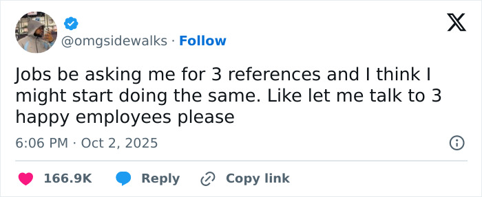 Relatable work tweets about asking employers for happy employee references.