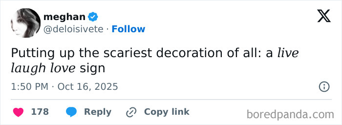 A funny post from a social media user about scary decorations among Halloween Tweets.