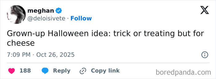 A post by meghan proposing a grown-up Halloween trick-or-treating idea involving cheese for spooky season.