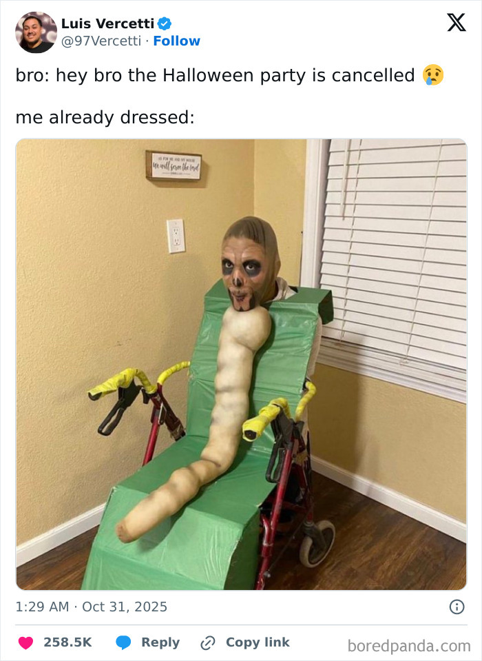 Funny Halloween posts meme showing a person in a worm costume seated in a wheelchair.