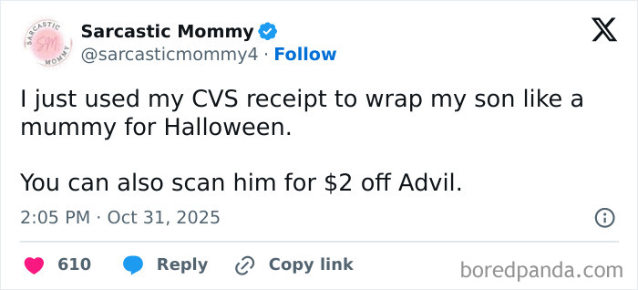 Funny Halloween posts on social media about wrapping a kid in a CVS receipt like a mummy.