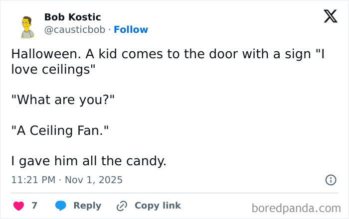 Social media text joke about a kid trick-or-treating in a ceiling fan Halloween costume.