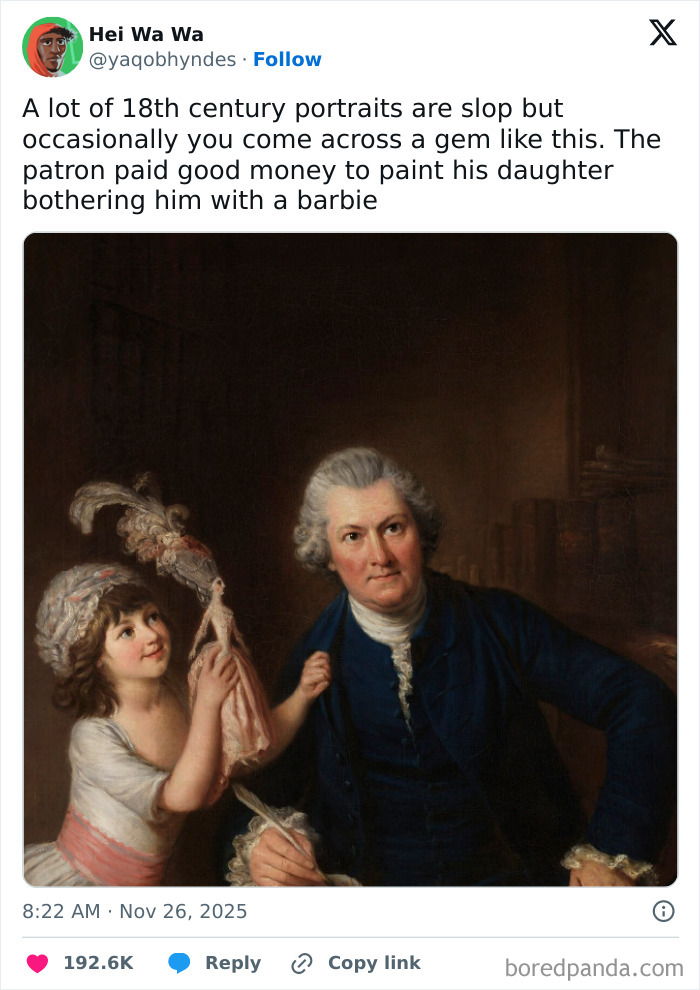 Wholesome memes classic painting showing a father painted with his daughter bothering him with a doll