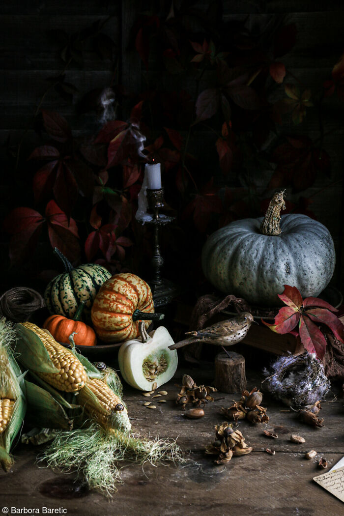 Rustic fall still life featuring various pumpkins, corn cobs, a small bird figurine, and a smoking candle.