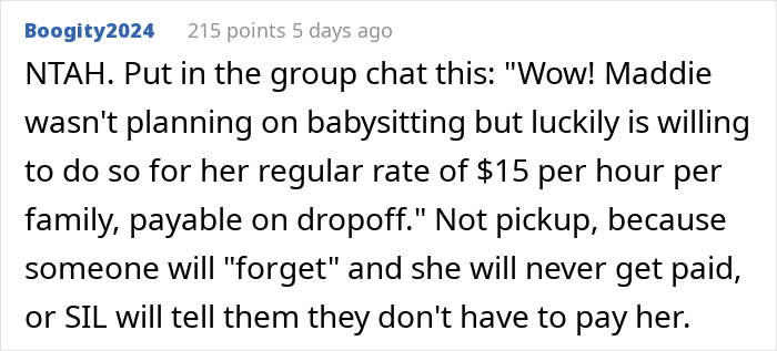 Comment thread regarding an entitled aunt Halloween invite, recommending upfront payment for babysitting services.