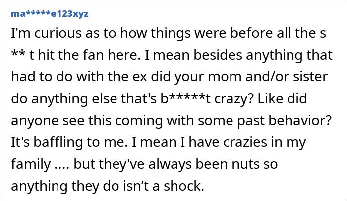 A user comment discussing family behavior regarding a guy keeps pursuing ex story.