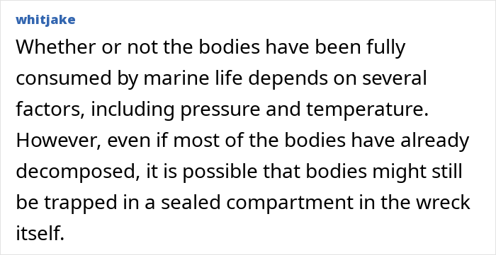 A comment discussing Titanic human remains trapped inside the ship wreck. A comment discussing Titanic human remains trapped inside the ship wreck.