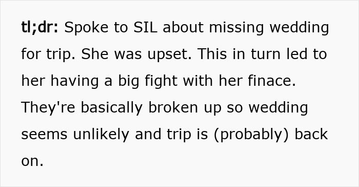 Summary text about missing a SIL wedding for an Australia trip leading to a major breakup. Summary text about missing a SIL wedding for an Australia trip leading to a major breakup.