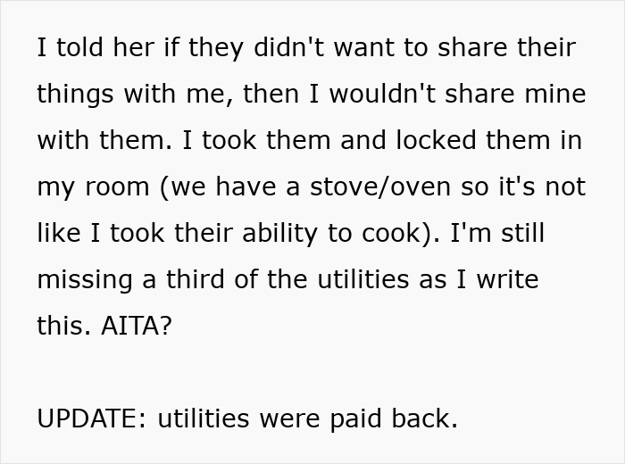 A final update text post showing how the roommate conflict resolved with utilities being paid back. A final update text post showing how the roommate conflict resolved with utilities being paid back.