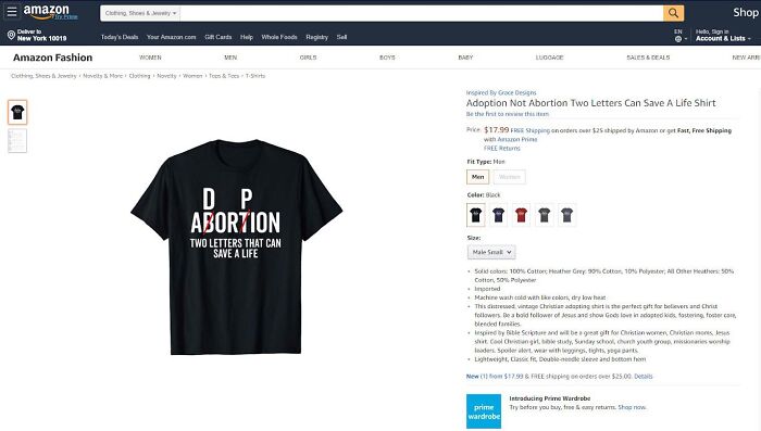 Absurd product listing on Amazon for a t-shirt with a bizarre misspelled message.