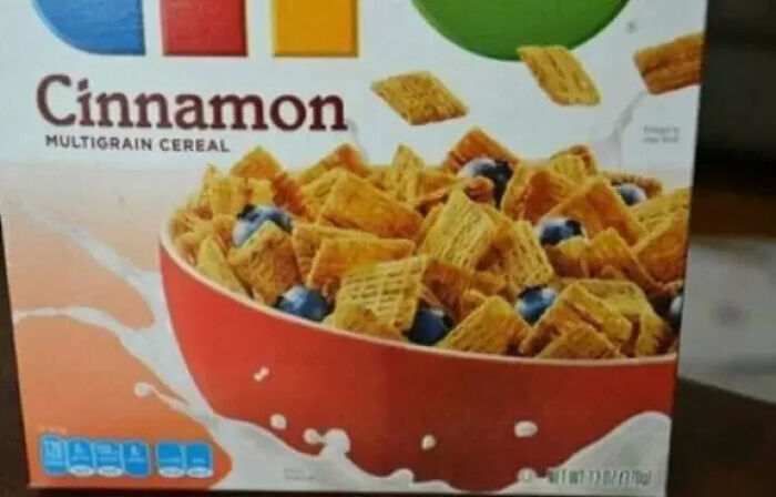 A box of cinnamon cereal with a bowl picture, showcasing poor packaging design and advertising fails.