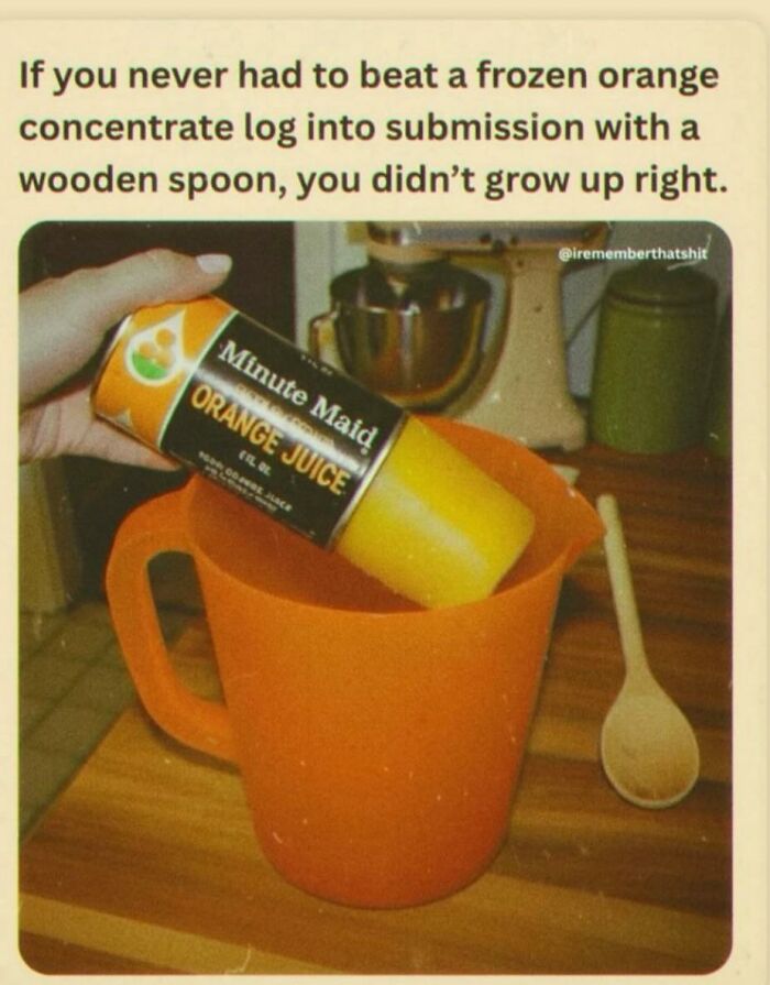 Hand emptying Minute Maid frozen orange juice into an orange pitcher, evoking 80s kids childhoods nostalgic photos.
