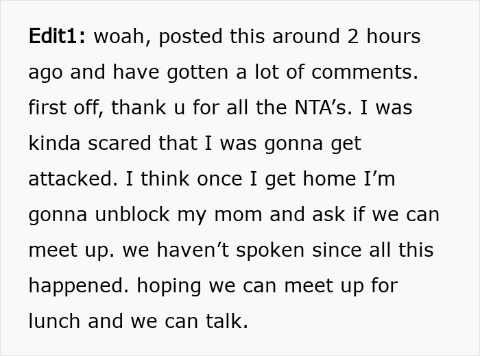 Reddit post text screenshot about a woman seeking to resolve family drama and unblock her mom after a trip Reddit post text screenshot about a woman seeking to resolve family drama and unblock her mom after a trip