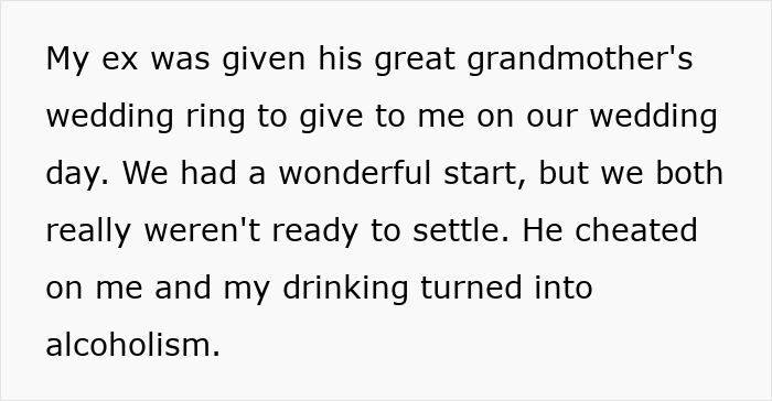 Text snippet explaining the story behind a wedding ring and a past marriage Text snippet explaining the story behind a wedding ring and a past marriage