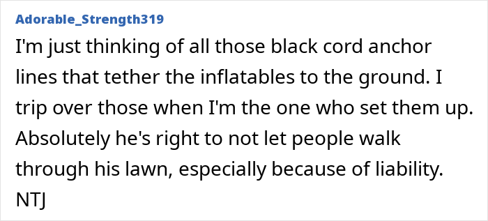 Online comment about lawn tethers and liability when people walk on someone else property during a tour.