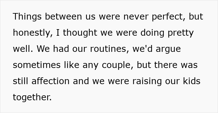 Story screenshot describing a couple raising kids, leading to a husband sensing something is off after a girls' trip