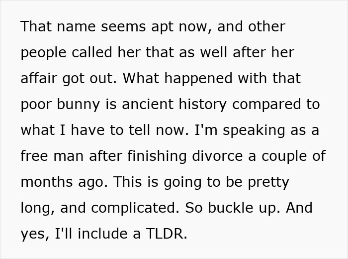 Text post describing the aftermath of a secret affair, divorce, and a marriage-ending scandal. Text post describing the aftermath of a secret affair, divorce, and a marriage-ending scandal.