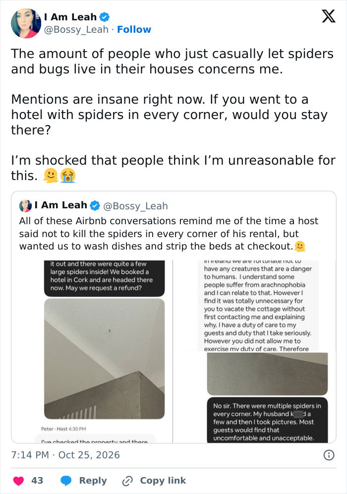 Social media post showing a woman complaining about finding spiders in her rental after a host asked not to k**l them.