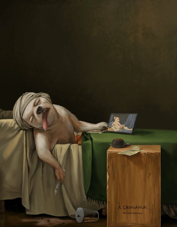 Animal-filled parodies illustration by Nelson Syndrome of a dog in a bathtub