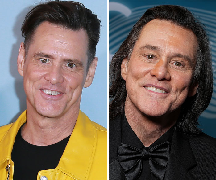 Side-by-side comparison of Jim Carrey on the left in yellow and a lookalike on the right. Side-by-side comparison of Jim Carrey on the left in yellow and a lookalike on the right.