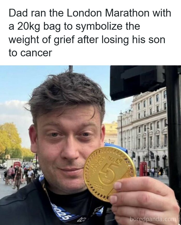 A man holding up his marathon medal with text about creepy facts and news stories