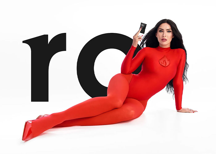 Megan Fox posing in front of a Ro logo for her campaign for male performance issues. Megan Fox posing in front of a Ro logo for her campaign for male performance issues.