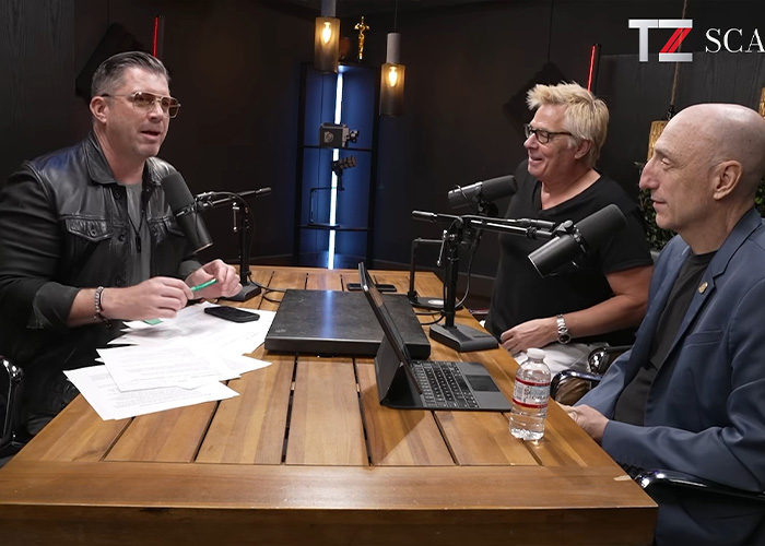Podcast host and guests debating details of the O.J. Simpson case in a studio setting Podcast host and guests debating details of the O.J. Simpson case in a studio setting