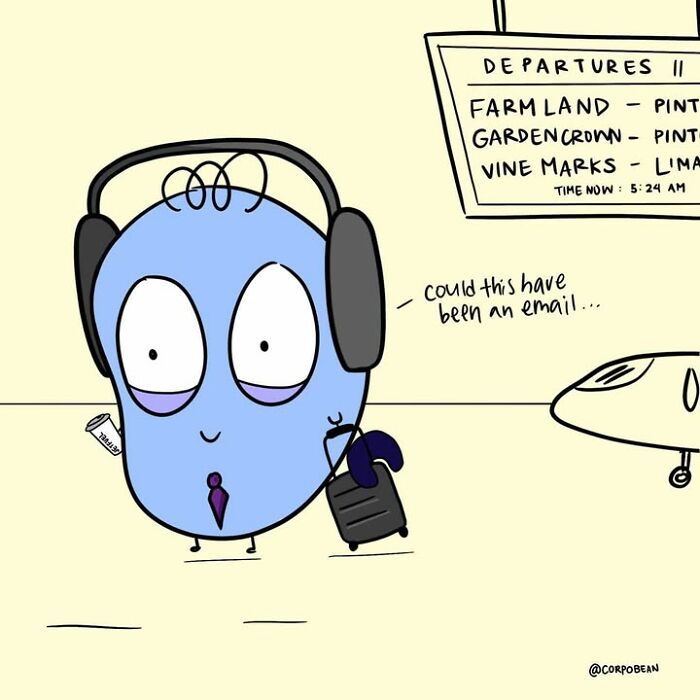 An exhausted blue bean at an airport terminal questioning a trip, showing relatable work struggles by Corpo Bean