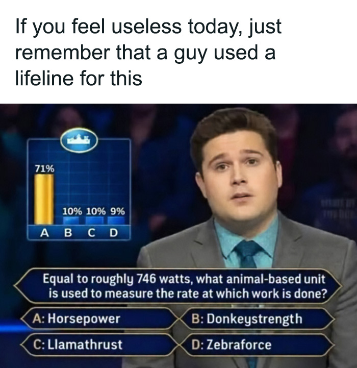Edgy memes depicting a game show contestant facing an easy horsepower question.