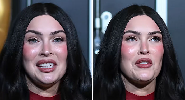 Close-up photos of Megan Fox smiling and talking, highlighting her facial appearance. Close-up photos of Megan Fox smiling and talking, highlighting her facial appearance.