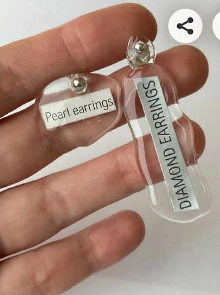 Hilarious crafts of handmade earrings labeled pearl and diamond earrings as a funny art project