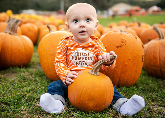 Adorable baby in an orange shirt sitting with pumpkins in a patch