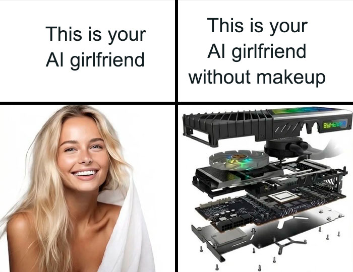 Side by side comparison of a smiling blonde woman and computer components representing an AI girlfriend meme.
