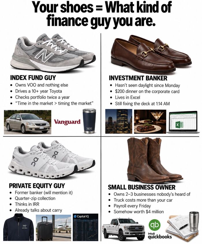 Types of finance professionals identified by their shoes with finance career humor