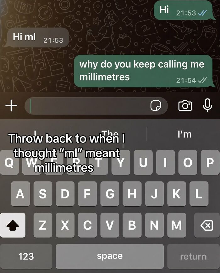 Chat screenshot mistaking ml abbreviation for millimetres
