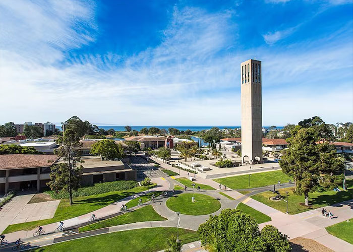 Aerial view of University of California Santa Barbara campus with bell tower Aerial view of University of California Santa Barbara campus with bell tower